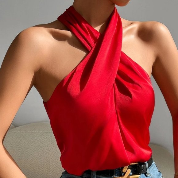 Red Womens Solid Cross Front Backless Halter Top - Picture 6 of 6